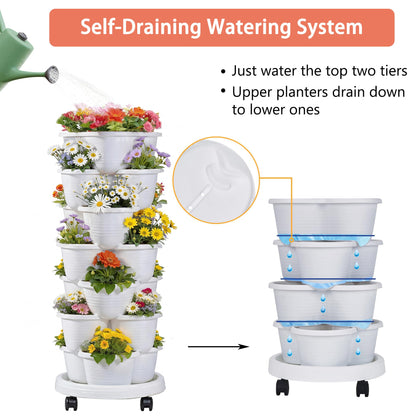 VECELO 7 Tier Vertical Garden Planter, Self Watering Stackable Planters with Wheels for Strawberries, Herbs, Flowers, Vegetables, White