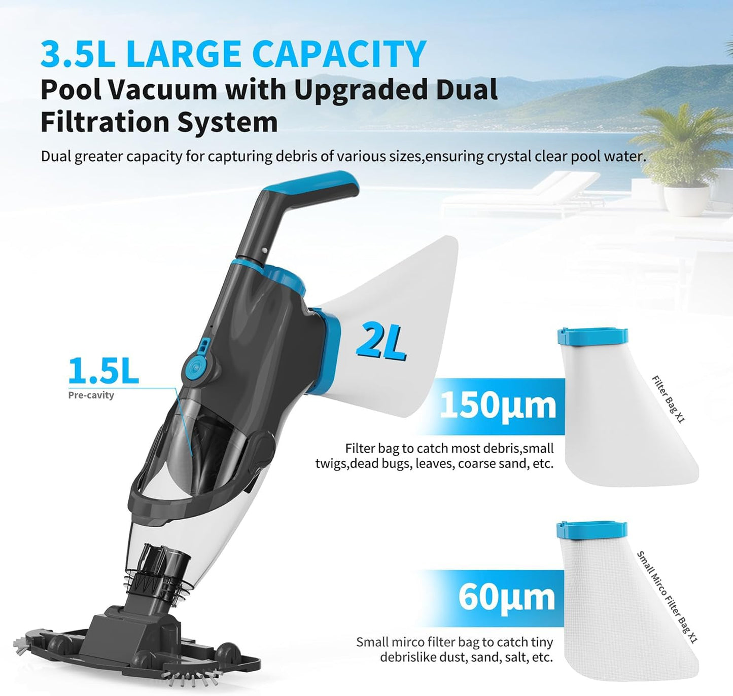 Youhou 2026 Upgraded Pool Vacuum,Pool Vacuum for Above Ground Pool,Cordless Handheld Pool Vacuum for Inground Pools,Pool Cleaner with 18.5 GPM Suction,Hot Tub Vacuum With Aluminum Pole for Sand&Debris