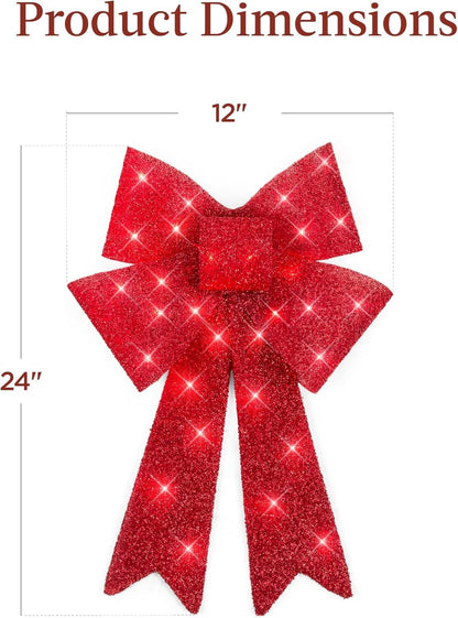 Pre-Lit Large XL Christmas Bow Decoration, Large Outdoor LED Holiday Yard Décor w/ 30 Lights, 8 Light Functions, Timer, Hanging Hook (Red)