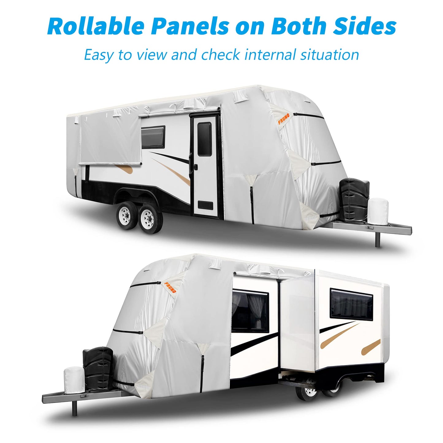 FRUNO Oxford Fabric Travel Trailer Cover RV Cover 22'-24' Waterproof Rip-Resistant Anti-UV Camper Cover for Winter Snow with Jack Cover 4 Tire Covers and Gutter Covers