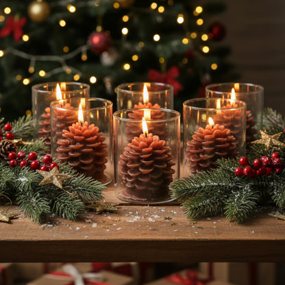 Riakrum 6 Sets Pine Cone Candles Flammable Acorn Decor with Straight Glass Container Real Wax Unscented Candle for Winter Holiday Decoration