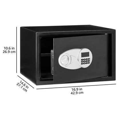 Amazon Basics Steel Security Safe and Lock Box with Digital Keypad, Easy to Use, Removable Shelf, Secure Cash, Jewelry, Documents, Black, 1.2 Cubic Feet, 16.9-x-14.6-x-10.6-inches (WxDxH)