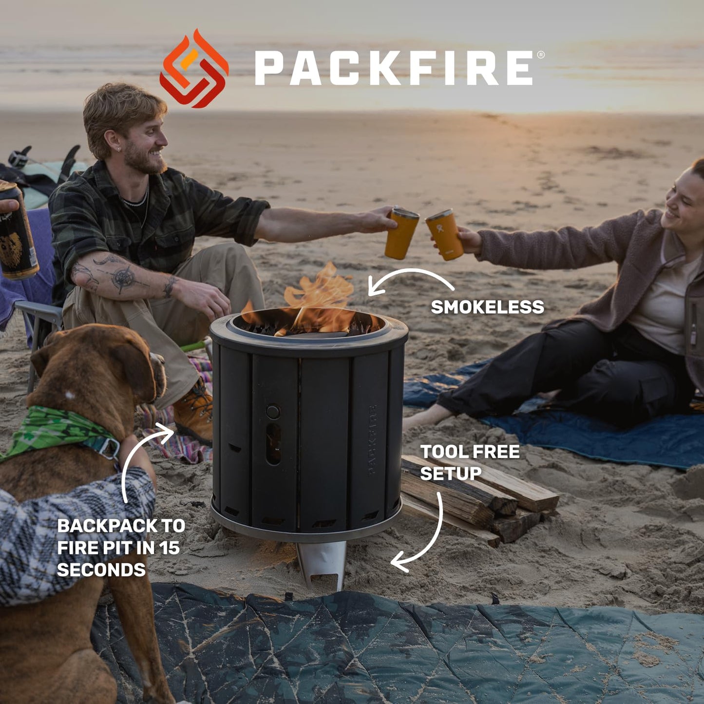 PACKFIRE 17” Portable Fire Pit for Camping - Collapsible & Folds Flat into Packable Carrying Case - Smokeless, Stainless Steel - Size Compares to Bonfire 19 - Perfect for Car, Overland Camping or RV
