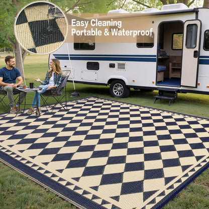 HUGEAR Outdoor Waterproof Rug 10'x14' Plastic Straw Rugs Washable Reversible Floor Mat Beige Plaid Carpet for Camping RV Deck Entryance Porch Picnic Balcony Beach Backyard