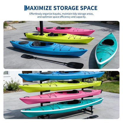 GarveeLife Heavy Duty 4-Tier Freestanding Kayak Storage Rack with Adjustable Detachable Wheels – Stand for Kayaks, Canoes, SUPs, Surfboards – Indoor or Outdoor, Garage Paddleboard Organizer,