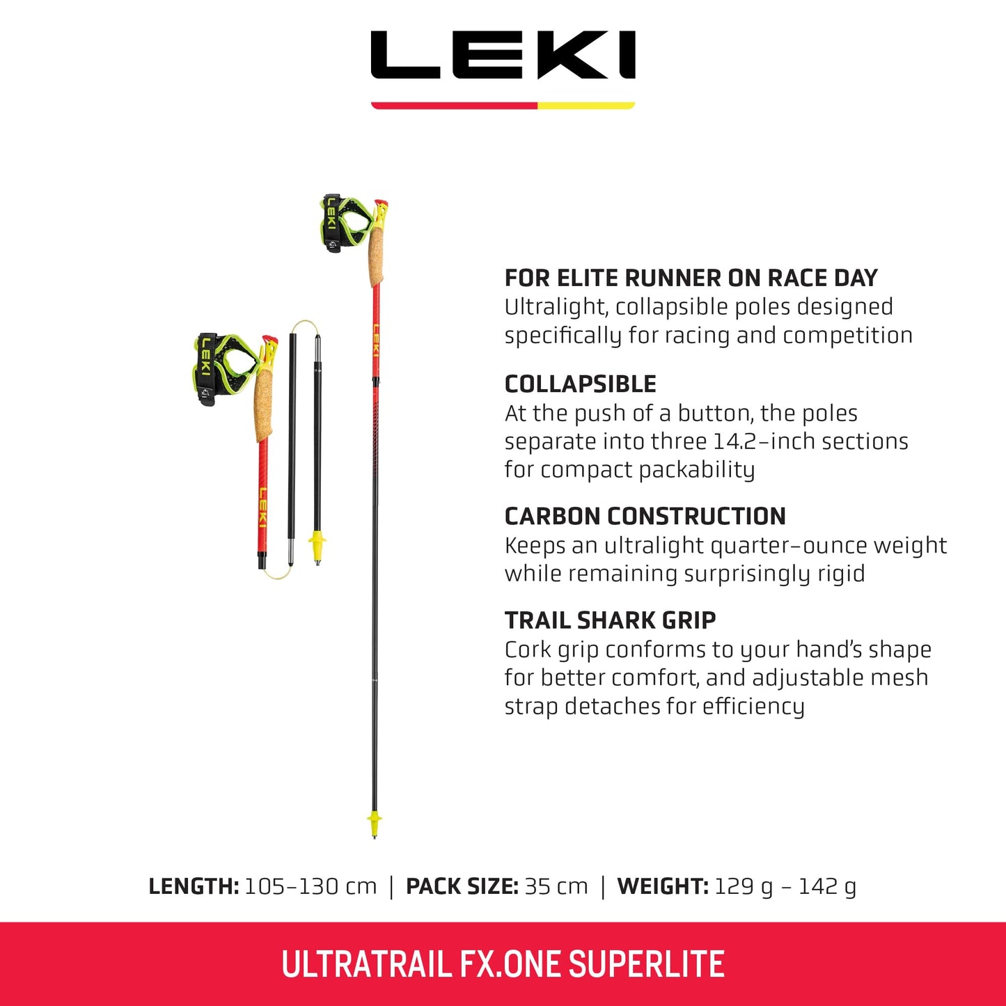 LEKI Ultratrail FX.One Superlite Carbon Collapsible Lightweight Trekking Poles for Hiking & Trail Running - Red-Yellow-Carbon - 130 cm