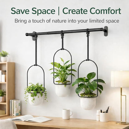 Adjustable Hanging Window Planter Set, Window Hanging Planters, Indoor and Outdoor Wall Plant Hanger, with 3 Plastic Pots, Flexible Nylon Rope, for Windows and Ceilings (Black)