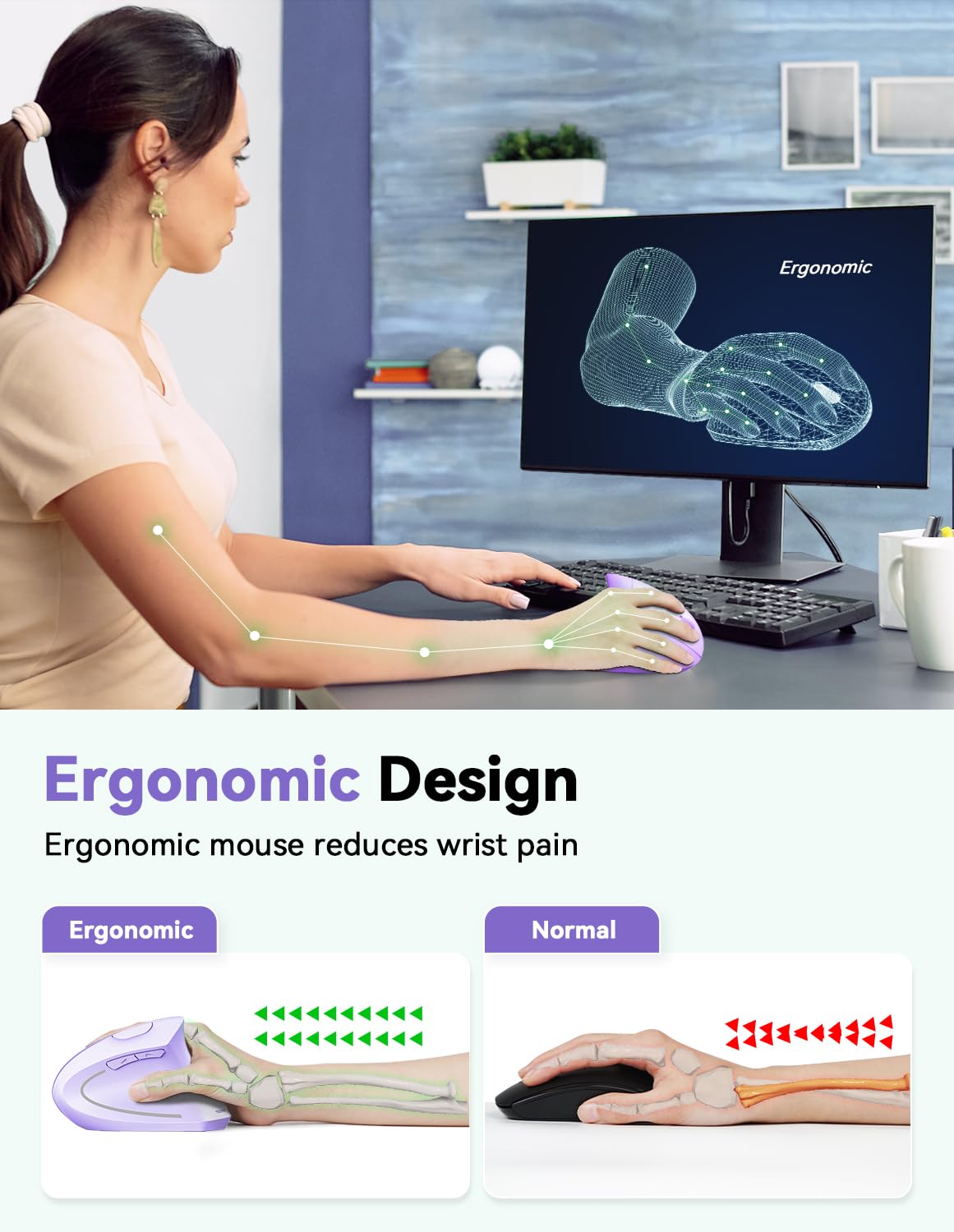 TECKNET 2.4G Ergonomic Mouse Vertical Wireless - 4800 DPI Optical Carpal Tunnel Mouse Right Hand, 5 Adjustable DPI, Quiet Clicks, 6 Buttons for Laptop, Desktop, PC, Computer - Black