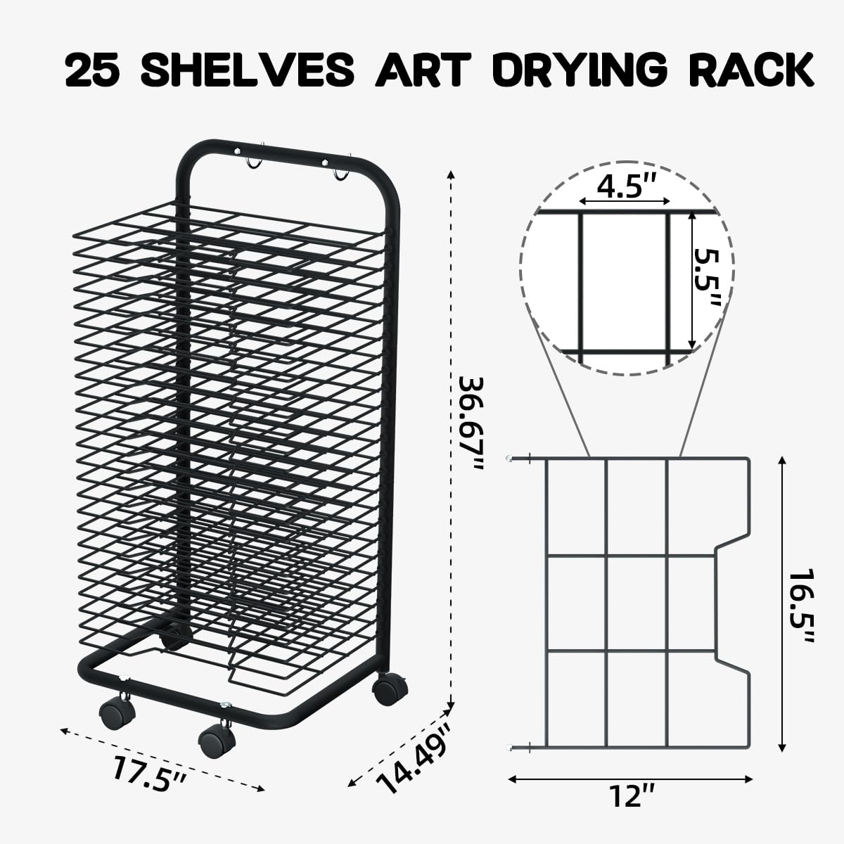 INNOVART 25 Shelves Mobile Art Drying Rack for Classroom & Art Studio, Portable Steel Painting Drying Rack with 4 Wheels, Functional Artwork Display Storage Racks for Classroom, Craft Room, Home