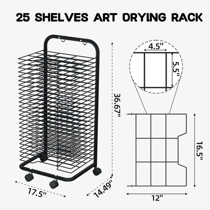INNOVART 25 Shelves Mobile Art Drying Rack for Classroom & Art Studio, Portable Steel Painting Drying Rack with 4 Wheels, Functional Artwork Display Storage Racks for Classroom, Craft Room, Home