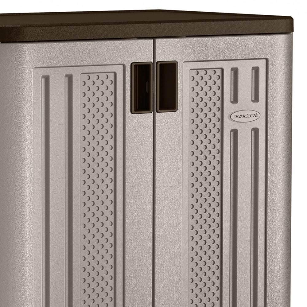 Suncast Base Storage Cabinet for Garage Organization, 9 Cu. Ft. Capacity, Platinum Metallic & Slate - Lockable Multi-Wall 2-Shelf Resin Organizer for Garden Supplies, Paint Cans & Outdoor Tools