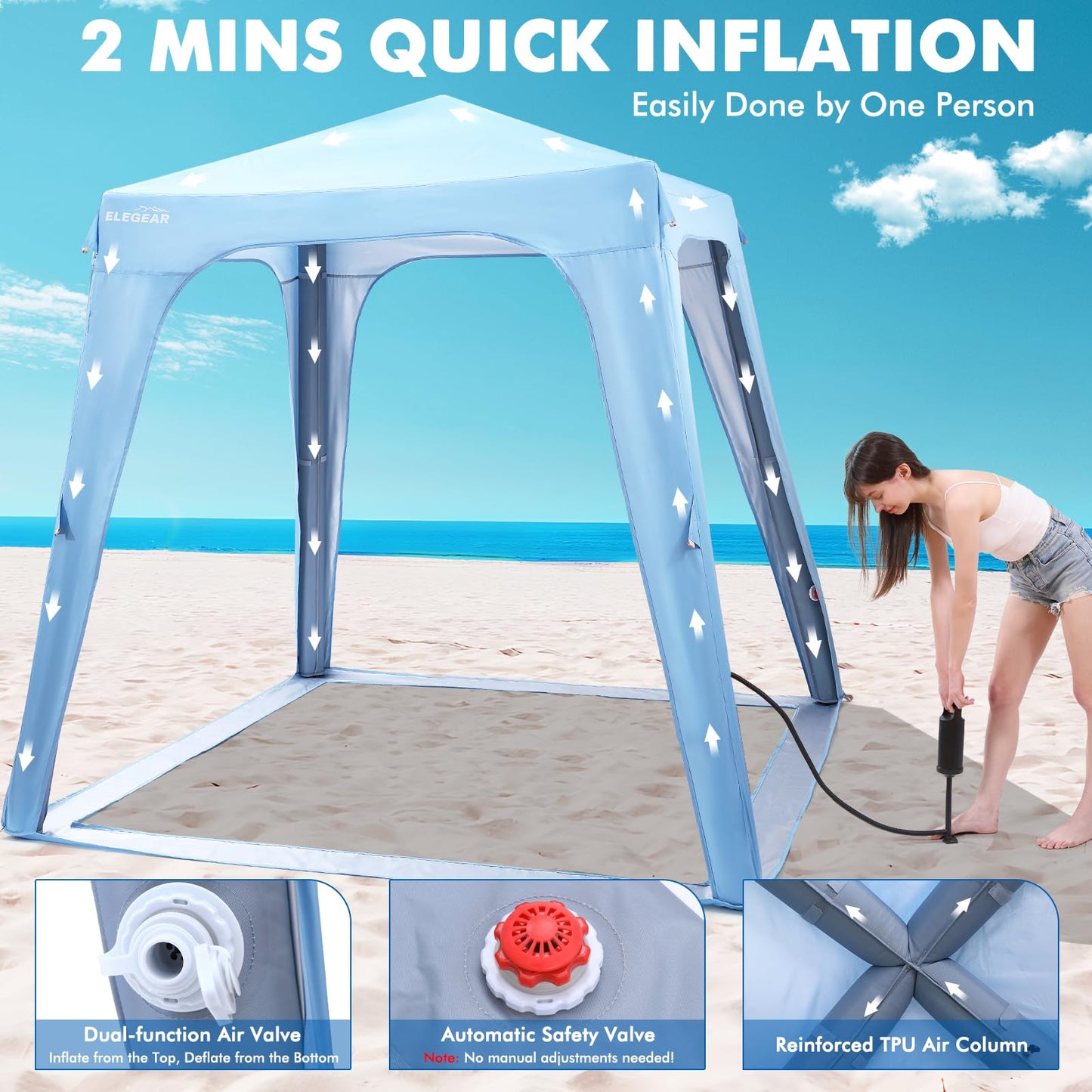 Elegear CumbreX™ Inflatable Beach Canopy Tent, 6-8 Person Beach Cabana with Side Curtain, UPF 50+ UV Protection Easy Setup Blow Up Sun Shade Shelter for Outdoors