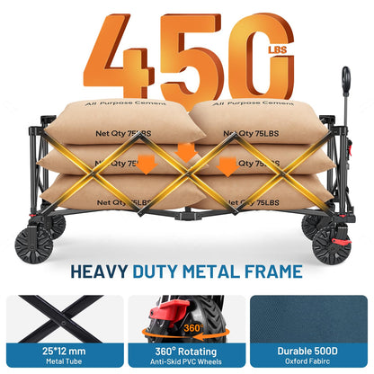 Timber Ridge 51.2" Extended Collapsible Wagon - Heavy-Duty Utility Cart with All-Terrain Wheels, Brakes & Cargo Net, 400L Capacity for Camping, Sports & Shopping, Blue