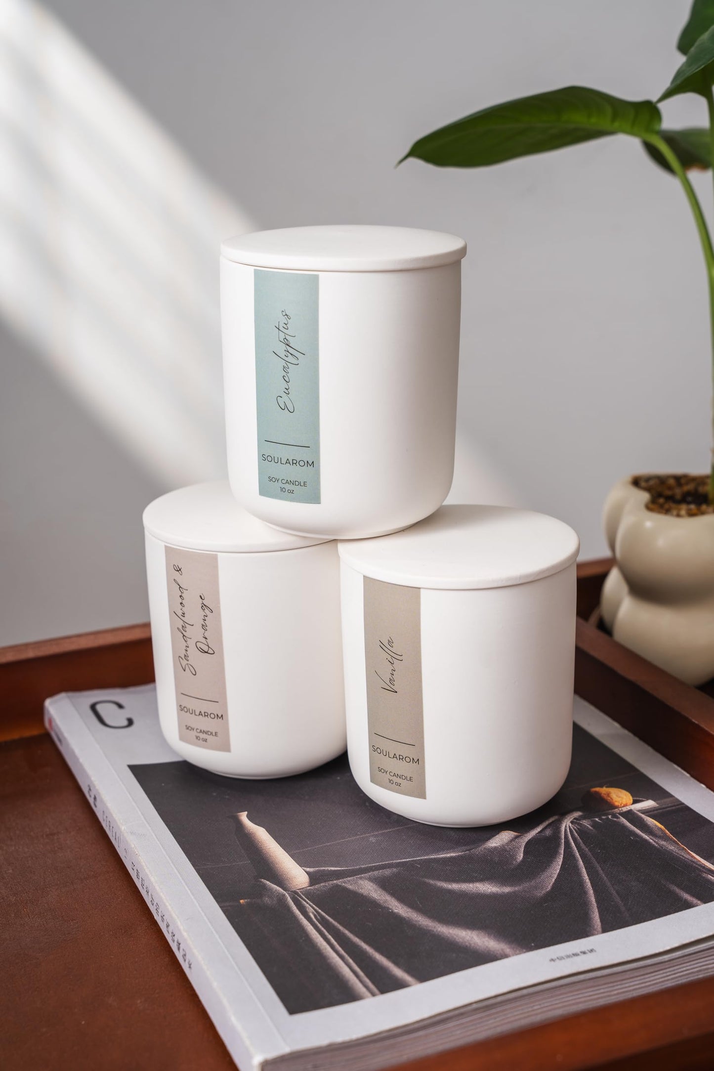 Soularom Candles for Home Scented – 10oz Hand Poured Aromatherapy Sandalwood and Orange Candle Soy Wax Candles in Elegant Ceramic Jar – Crackling Wooden Wick Decorative Candle with 60 Hours Burn Time