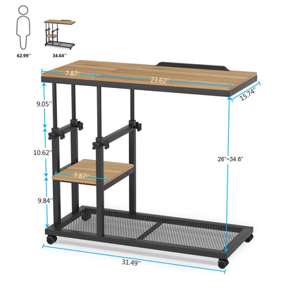 Tribesigns Height Adjustable C Table with Wheels, Mobile Couch Snack Side Table with Tiltable Drawing Board, Sofa Bedside Laptop Stand C Shaped TV Tray with Storage Shelves (Black+Oak)