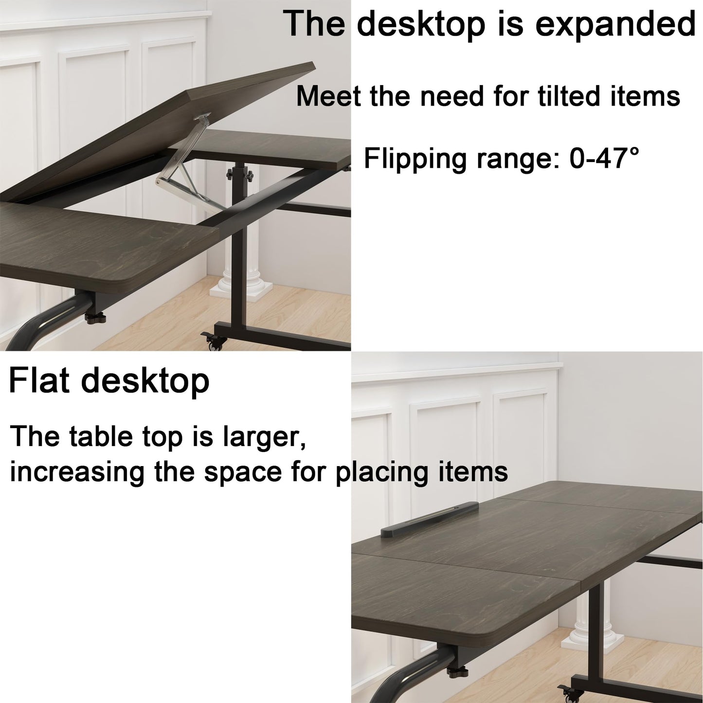 TigerDad Tilt Overbed Table with Wheels, Height Adjustable Rolling Desk for King Queen Bed, Tilting Laptop Cart Mobile Computer Workstation, Dekuwood