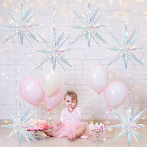 HILAVO 6PCS Iridescent Star Balloons, 22Inch Huge Iridescent Explosion Star Balloons Holographic Spike Cone Foil Balloon for Baby Shower Bridal Shower Wedding Birthday Party Decorations