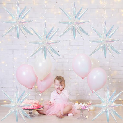 HILAVO 6PCS Iridescent Star Balloons, 22Inch Huge Iridescent Explosion Star Balloons Holographic Spike Cone Foil Balloon for Baby Shower Bridal Shower Wedding Birthday Party Decorations