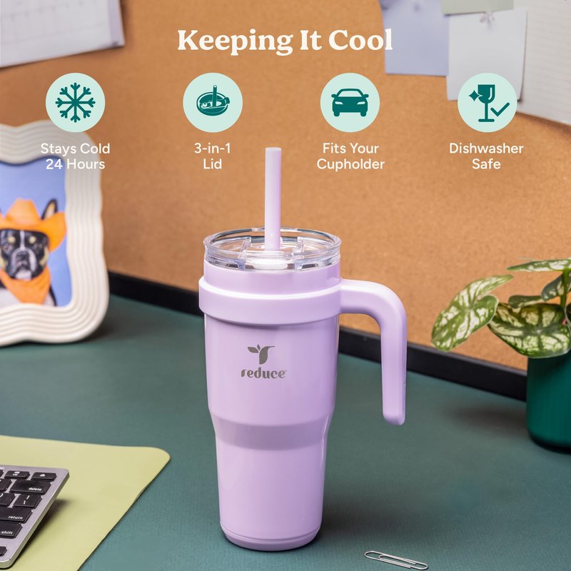 Reduce 24 oz Stainless Steel Tumbler with Handle - Dual-Wall Vacuum Insulated Travel Mug, Sweat-Proof Lid & Reusable Straw - Keeps Drinks Cold for 24 Hrs, Fits Cupholders, Dishwasher Safe-Mineral Blue