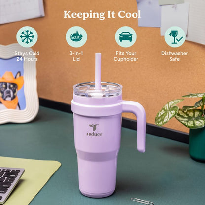 Reduce 24 oz Stainless Steel Tumbler with Handle - Dual-Wall Vacuum Insulated Travel Mug, Sweat-Proof Lid & Reusable Straw - Keeps Drinks Cold for 24 Hrs, Fits Cupholders, Dishwasher Safe-Mineral Blue