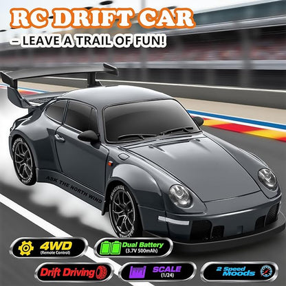 RC Drift Car 1:24 Scale Remote Control Vehicle with LED LightsDrifting Tires＆Two Batteries Racing Sports Toy Idea Gift for Adults Boys Girls and Kids