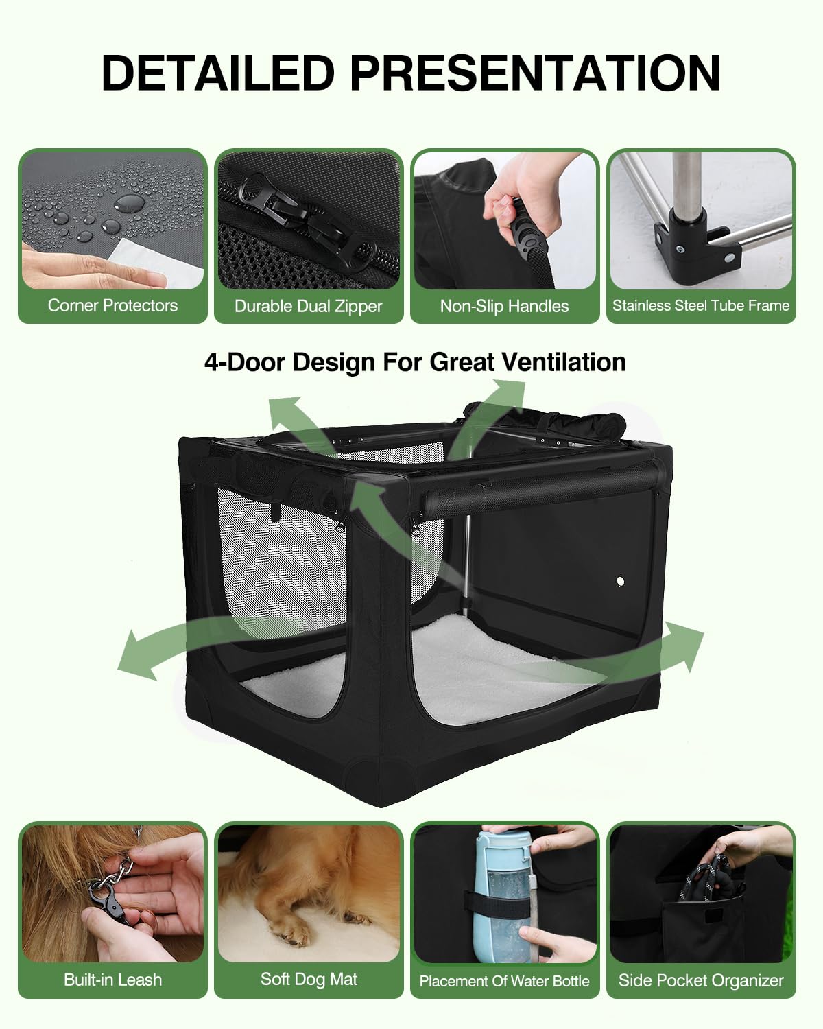 Veraste 33" L x 25" W x 25" H Collapsible Travel Dog Crate, Portable Soft Dog Kennel for Medium Large Dogs up to 60 lbs, 4-Door Foldable Travel Crate with Durable Mesh & Storage Bag, Black