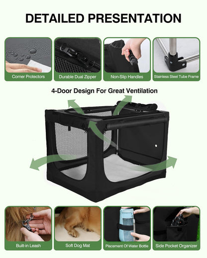 Veraste 33" L x 25" W x 25" H Collapsible Travel Dog Crate, Portable Soft Dog Kennel for Medium Large Dogs up to 60 lbs, 4-Door Foldable Travel Crate with Durable Mesh & Storage Bag, Black