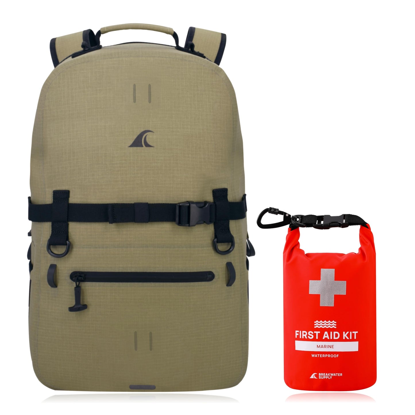 Breakwater Supply Waterproof Preparedness Pack, IP68 Submersible Airtight Backpack and Waterproof Marine First Aid Kit for Boating, Fishing, Kayaking (Fogland 25L Safari Tan Cordura)