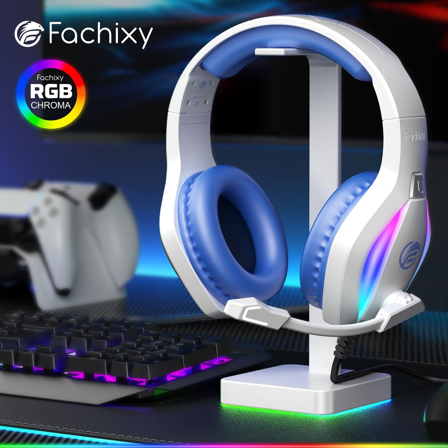 Fachixy FC100 Gaming Headset with Microphone for PS4, PS5, Switch, Xbox, Mac, PC Gaming Headphones with Mic, Gamer Headset with RGB Light - White-Blue
