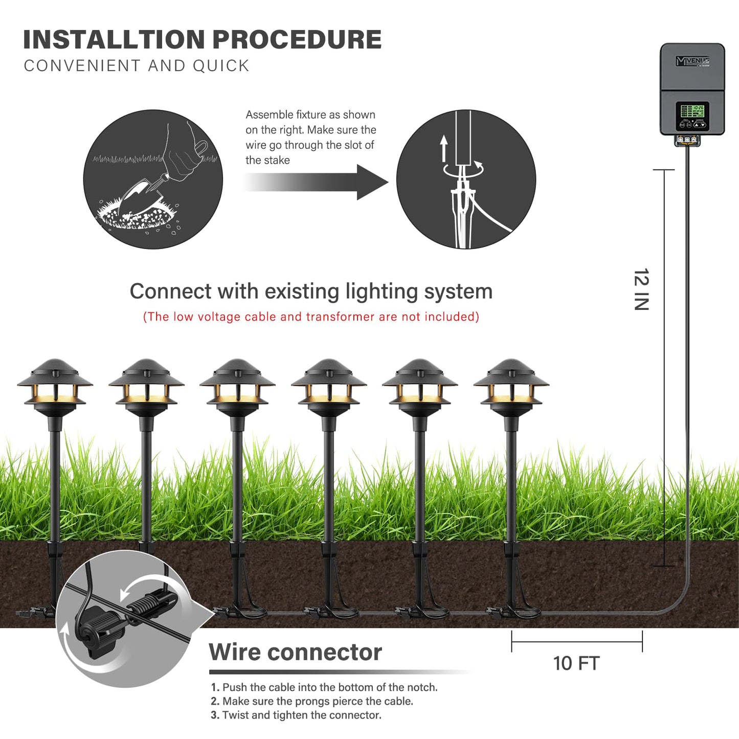 VENUS MANUFACTURING 12V Low Voltage Landscape Path Lights, 4-Pack 2.2W LED 2-Tier Tiered Path Lights (3100K Warm White) Landscape Lighting, Die-Cast Metal Housing with Stake, IP65 Weatherproof, Black