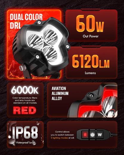 NOVSIGHT Offroad LED Pod Lights - Halo SE Series 3 Inch LED Spot Beam with Red/White DRL, 120W Super Bright Off Road Cube Light for Truck Jeep Pickup Ford ATV, Pair(Red Dot Award 2025 Winner)