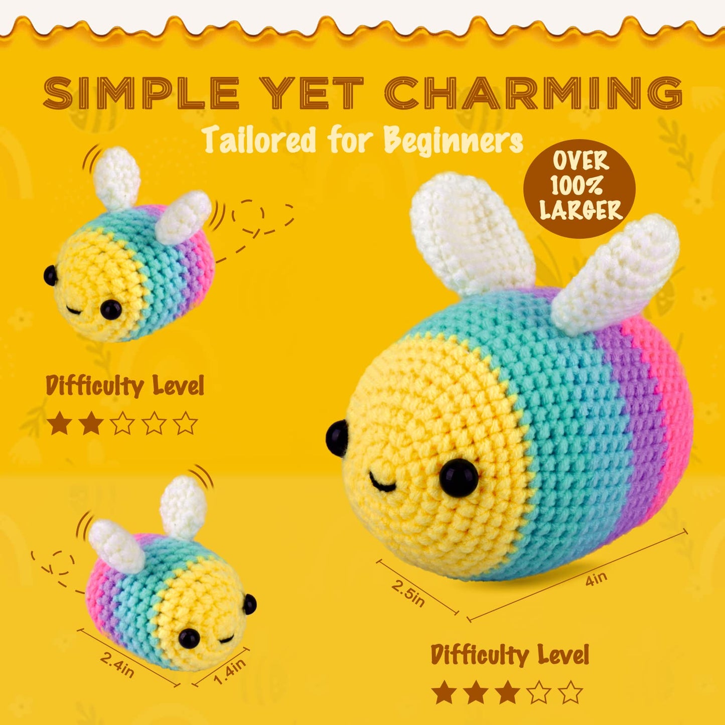 Crochetta Crochet Kit for Beginners - Starter Kit with Video Tutorials for Adults & Kids, Knitting Kit with 3 Bee Family (40%+ Yarn)