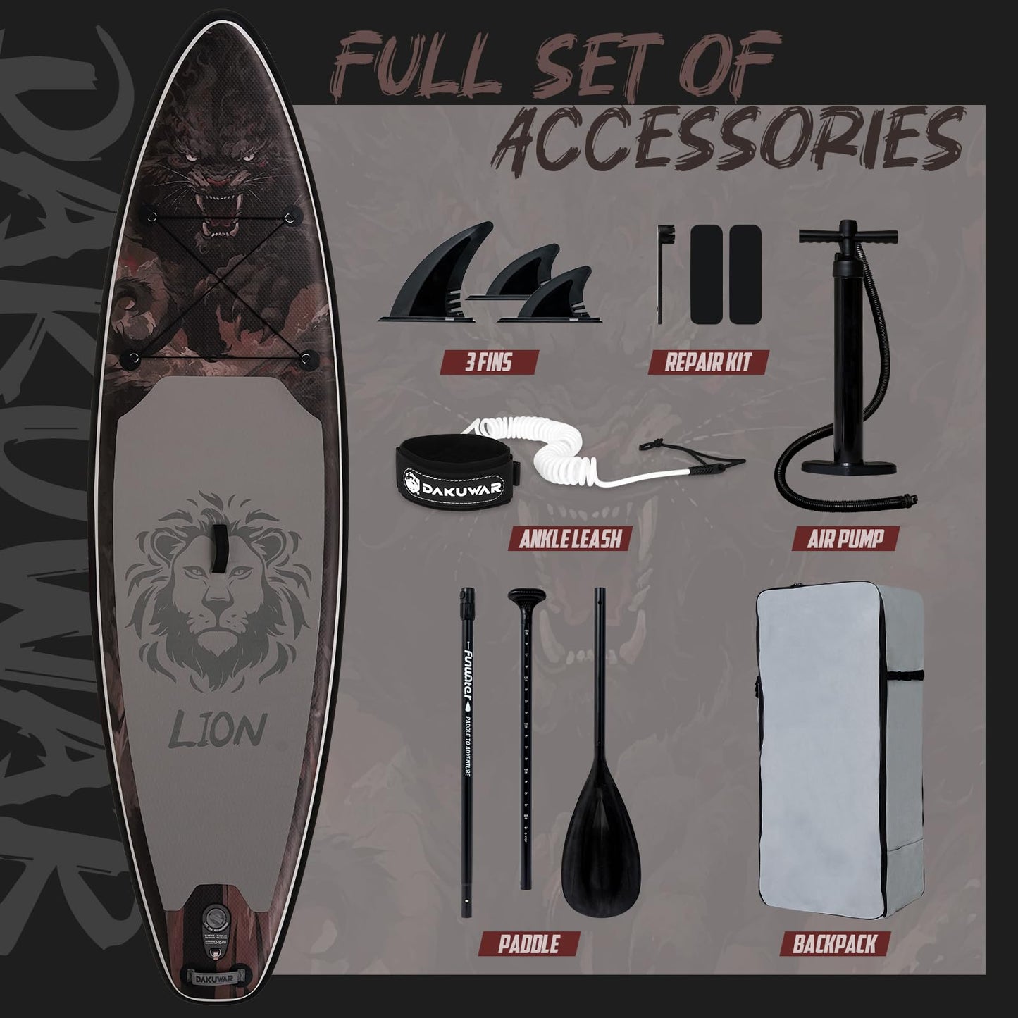 DAKUWAR Paddle Board 10'6''/10' Inflatable Stand Up Paddle Boards with SUP Accessories Ultra-Light Paddleboard Non-Slip Comfort Deck for Adults & Youth of All Skill Levels (Black and Gray)