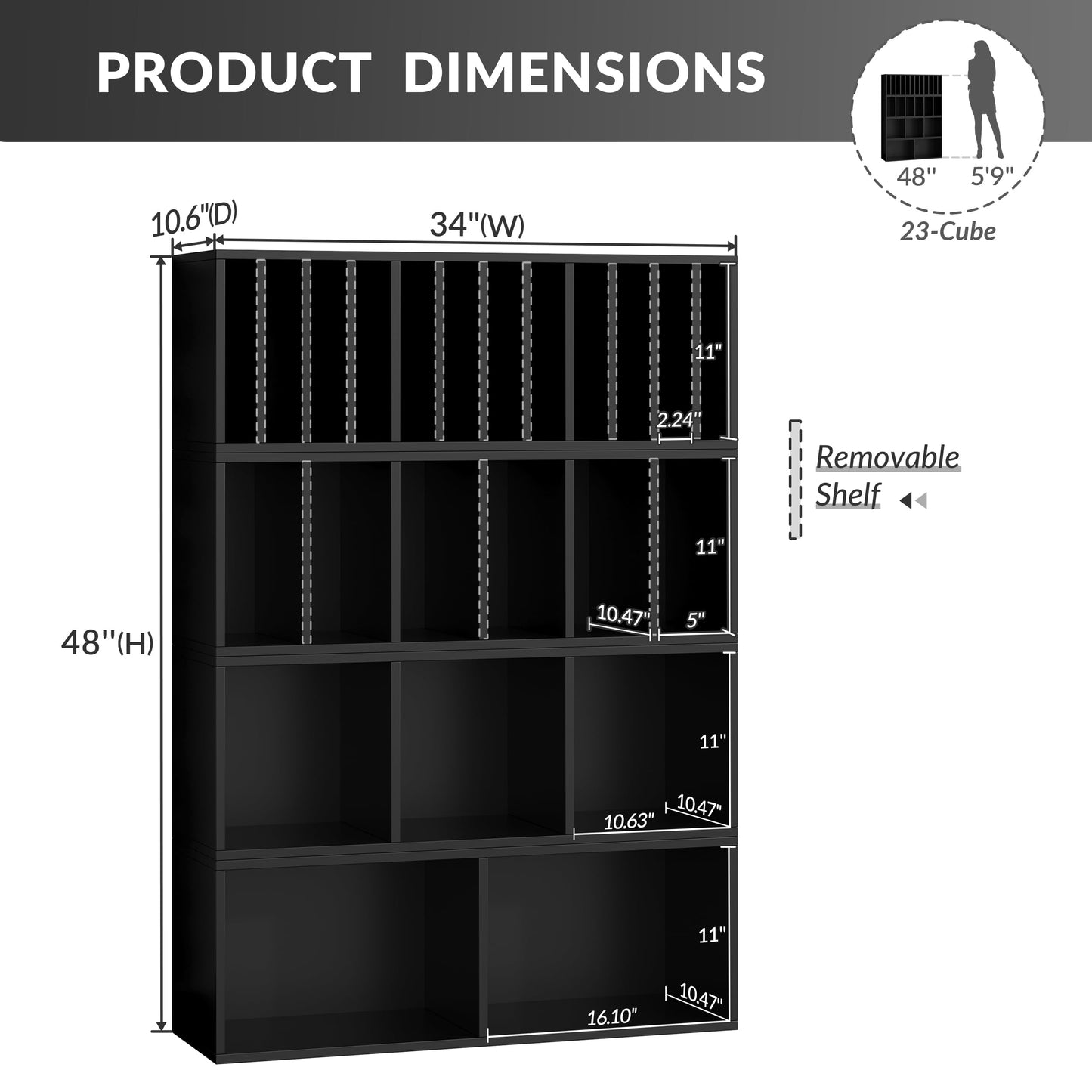 IOTXY DIY Modular Cube Bookcase - CubeXY Customizable Stackable Expandable Combination Set, 23-Cube Open Bookshelf for Books, Fabric Storage Bin, and 7/10-inch Vinyl Record Organizer, Black