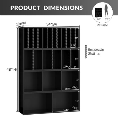 IOTXY DIY Modular Cube Bookcase - CubeXY Customizable Stackable Expandable Combination Set, 23-Cube Open Bookshelf for Books, Fabric Storage Bin, and 7/10-inch Vinyl Record Organizer, Black