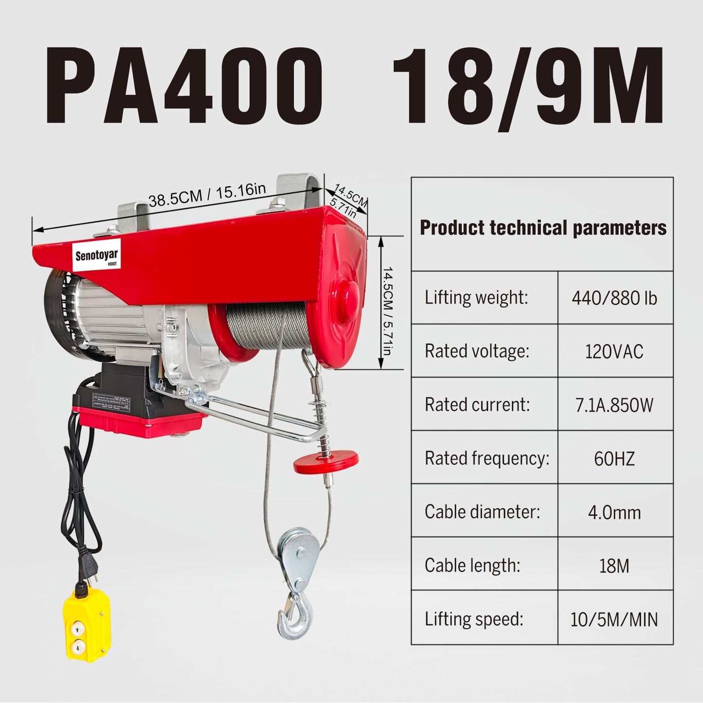 Electric Hoist 2 in 1,880lbs Electric Hoist Winch with 98ft Wireless Control&Wired Remote Control,110v Electric Hoist 59ft/29.5ft Lifting Height for Garage Warehouse Factory,Single/Double Slings