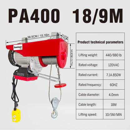 Electric Hoist 2 in 1,880lbs Electric Hoist Winch with 98ft Wireless Control&Wired Remote Control,110v Electric Hoist 59ft/29.5ft Lifting Height for Garage Warehouse Factory,Single/Double Slings