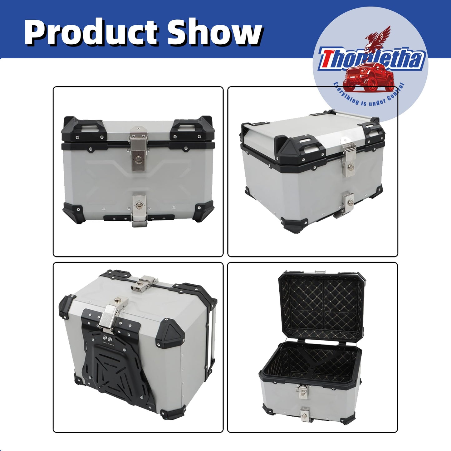 Thomletha 55L Aluminum Alloy Motorcycle Trunk Tour Tail Box Top Case with Mounting Plate Lock Silver