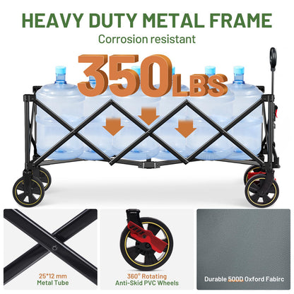 Timber Ridge 51.2'' Extended Collapsible Wagon Cart, 500LBS Heavy Duty Foldable Utility Wagon with Adjustable Handle, 400L Capacity Portable Cart with Cargo Net for Camping Sports Shopping-Grey