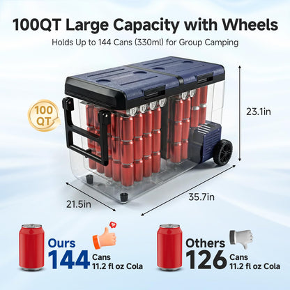 BODEGACOOLER 100QT Portable Car Refrigerator Freezer with Wheels, 12V Fridge Freezer, Electric Cooler for Car, -20℃ Car Freezer, 12 Volt Refrigerator Portable for Camping, RV, Travel, IPX4, Quiet