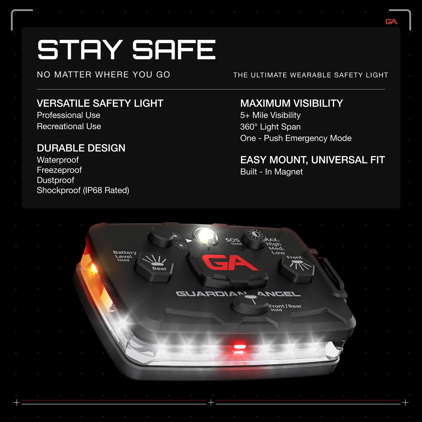 Guardian Angel Elite Series Safety Light, Beacon Device (White Front & Orange Rear) Rechargeable, Magnetic, Hands-Free Wearable, Mountable LED Light for Construction, Roadside, Towing, Industrial TEE