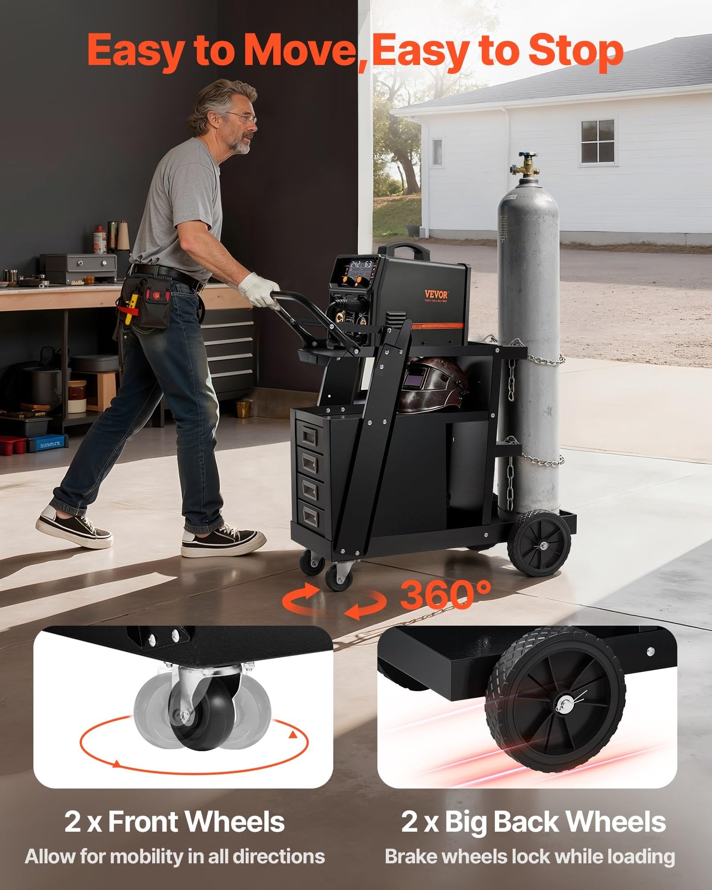VEVOR Welding Cart, 2-Tier 4 Drawers Welder Cart with 265 LBS Weight Capacity, 360° Swivel Wheels, Tank Storage Safety Chains, Heavy Duty Rolling MIG Welder Cart for Mig Welder and Plasma Cutter