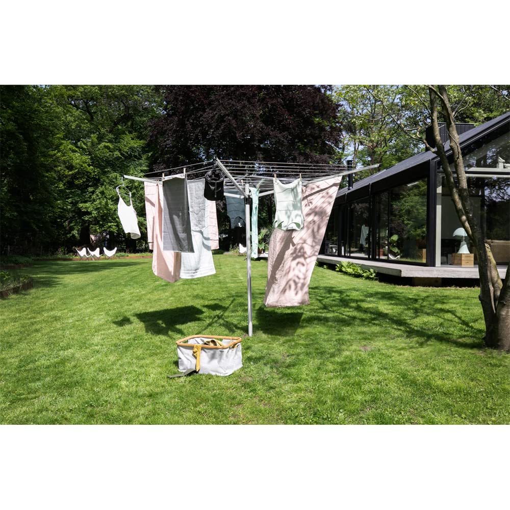 Brabantia Lift-O-Matic Outdoor 4 Arm Clothesline (197 ft/Ø 1.8") Height Adjustable, Folding Clothes Drying Rack + Ground Spike & Cover (Gray)