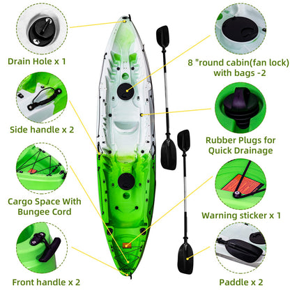 GarveeLife Fishing Kayaks, 12.4FT Sit on Top Kayak for 2-3 Person Adults with Paddle & Comfortable Seat, Capacity of 600LBS, Hard Shell Recreational Ocean Kayak Boat