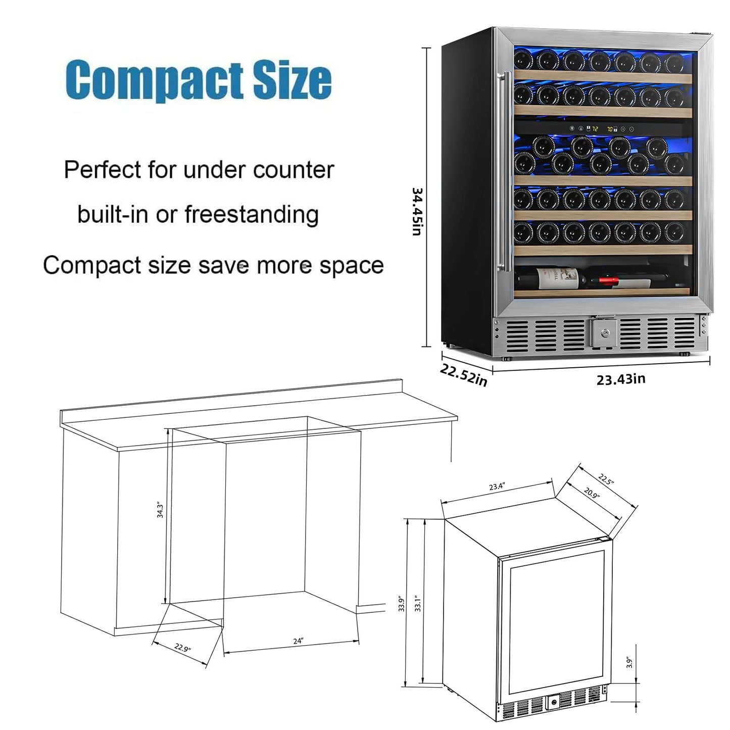 Antarctic Star 24 Inch Wine Fridge, 52 Bottle Wine Cooler Refrigerator. 39-64°F Dual Zone Wine Refrigerator Glass Door, Built in or Freestanding Under Counter Fridge for Home Bar Office