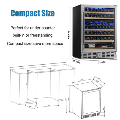 Antarctic Star 24 Inch Wine Fridge, 52 Bottle Wine Cooler Refrigerator. 39-64°F Dual Zone Wine Refrigerator Glass Door, Built in or Freestanding Under Counter Fridge for Home Bar Office