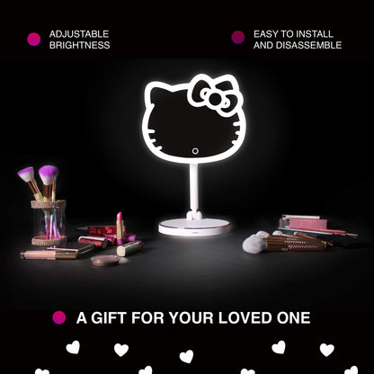 Impressions Vanity Hello Kitty Tabletop Mount LED Cordless Makeup Mirror with 360 Degree Rotation, Touch Sensor Desk Mirror with Light Strip and Adjustable Brightness