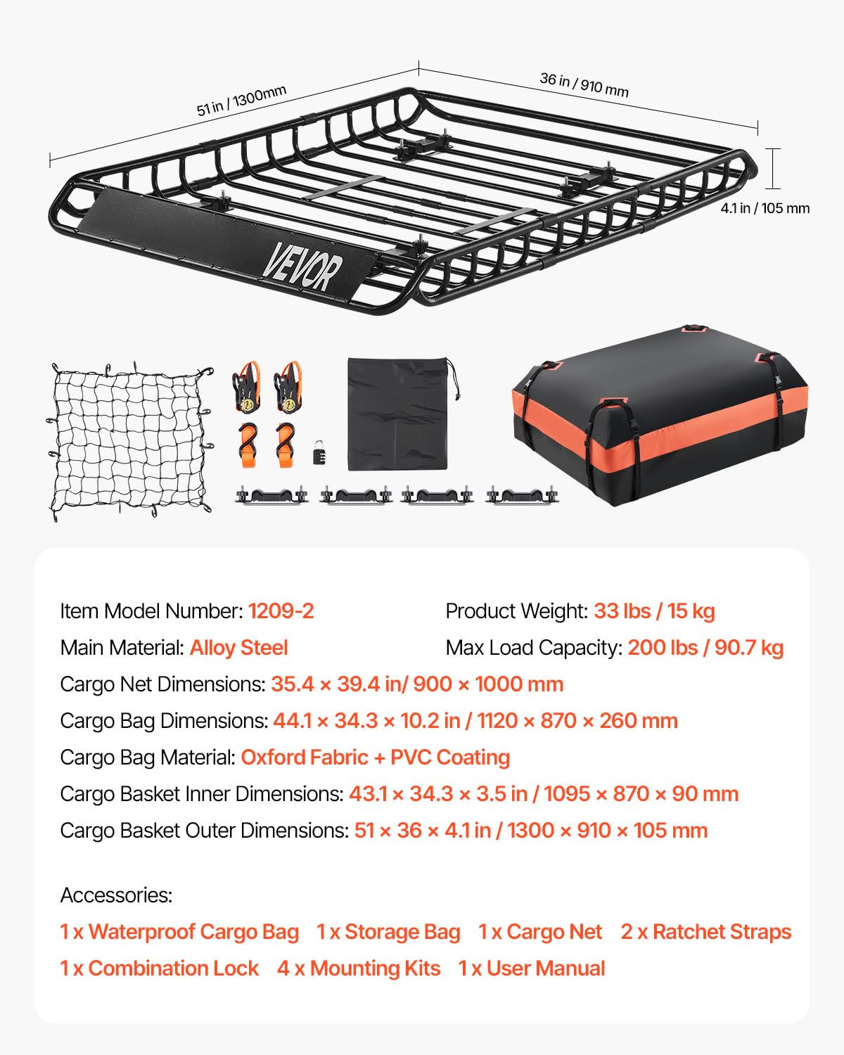 VEVOR Roof Rack Basket, 51 x 36 x 4.1 in, Universal Rooftop Cargo Carrier with 1120 x 870 x 260 mm Cargo Bag, Net, Ratchet Straps, 200 lbs Max Load Capacity Car Top Luggage Holder, for SUV Truck Car