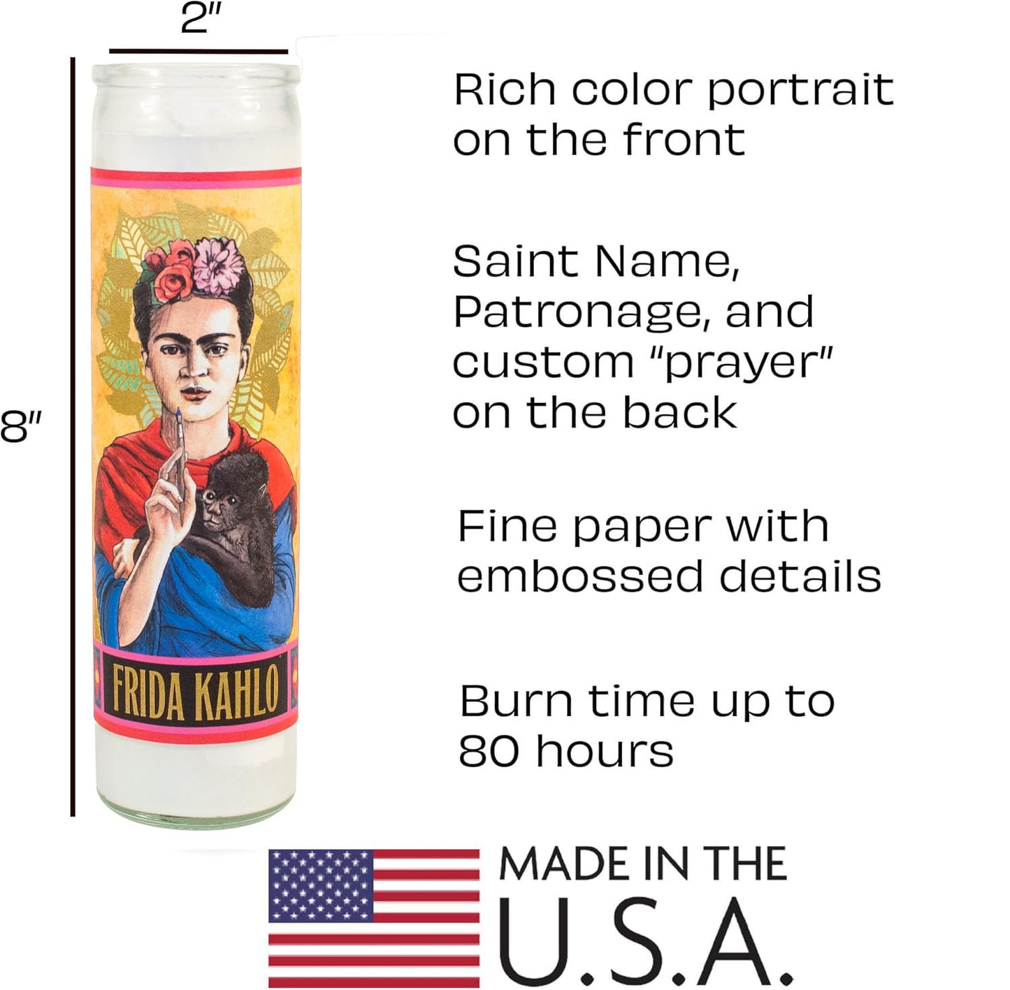 The Unemployed Philosophers Guild Frida Kahlo Secular Saint Candle - Unscented 8 Inch Tall Glass Prayer Votive, Made in The USA