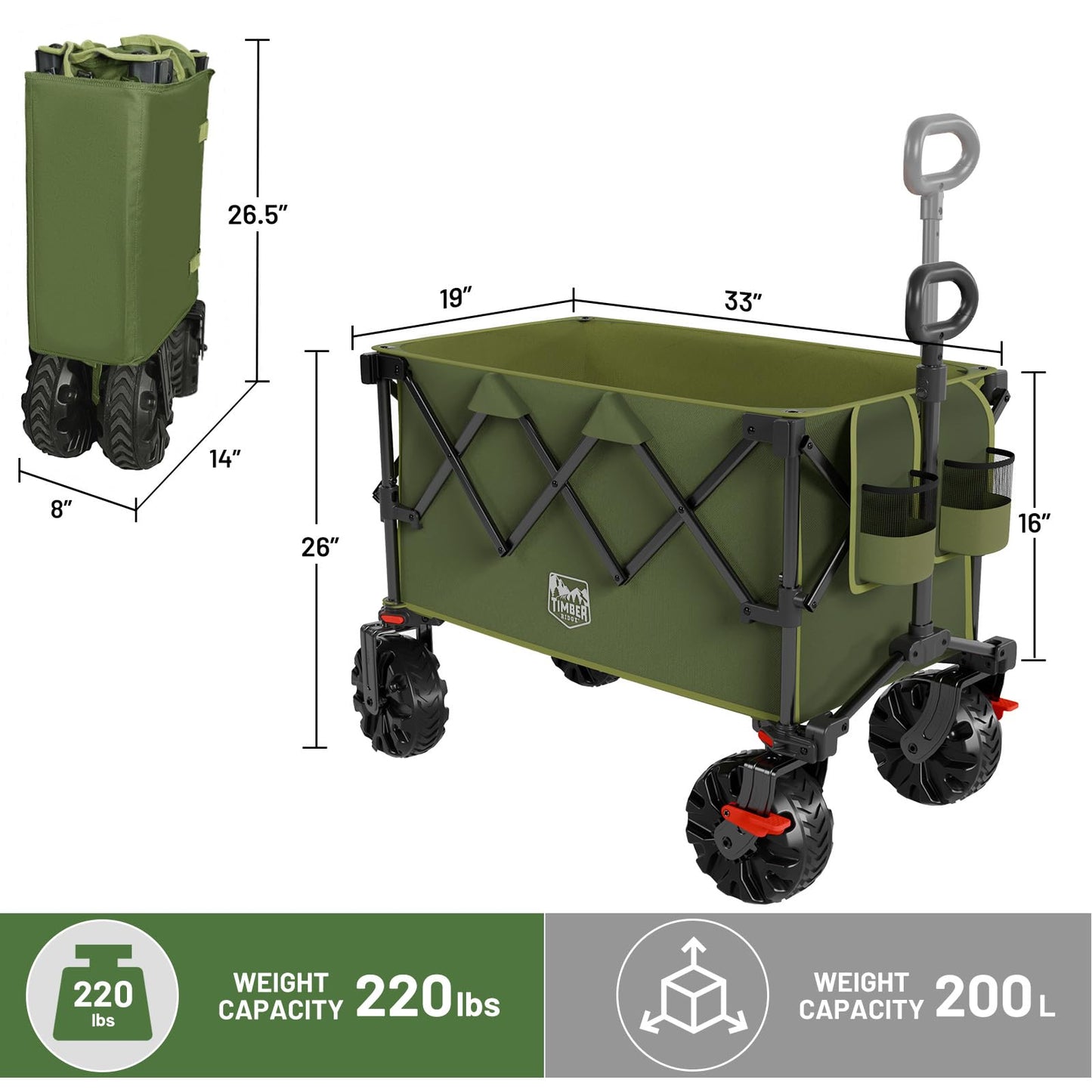 TIMBER RIDGE Outdoor Collapsible Folding Wagon with Brakes and Cup Holders, 500lbs Heavy Duty All Terrain Wheels Utility Cart for Shopping Camping Garden Sports, Green